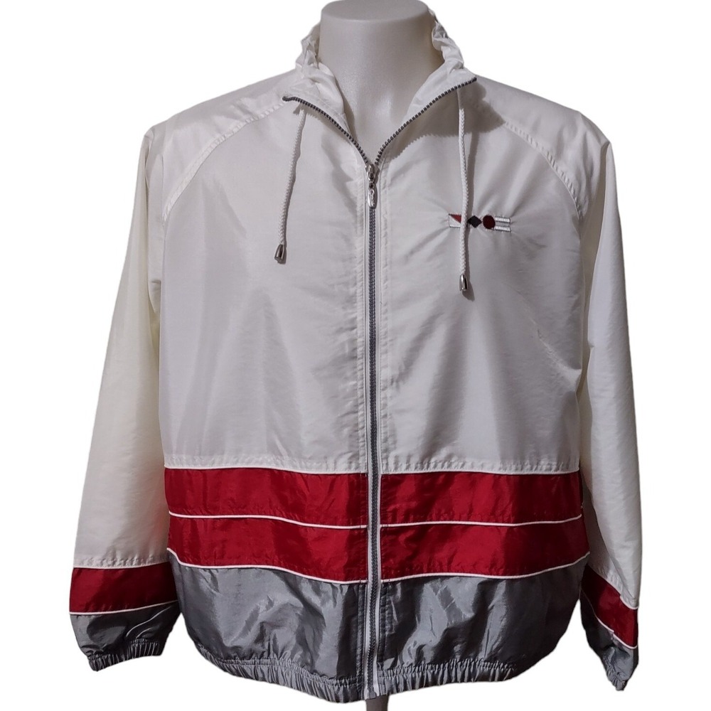 Catalina Windbreaker Jacket Women's Large Y2K White Red Silver Colorblock Retro